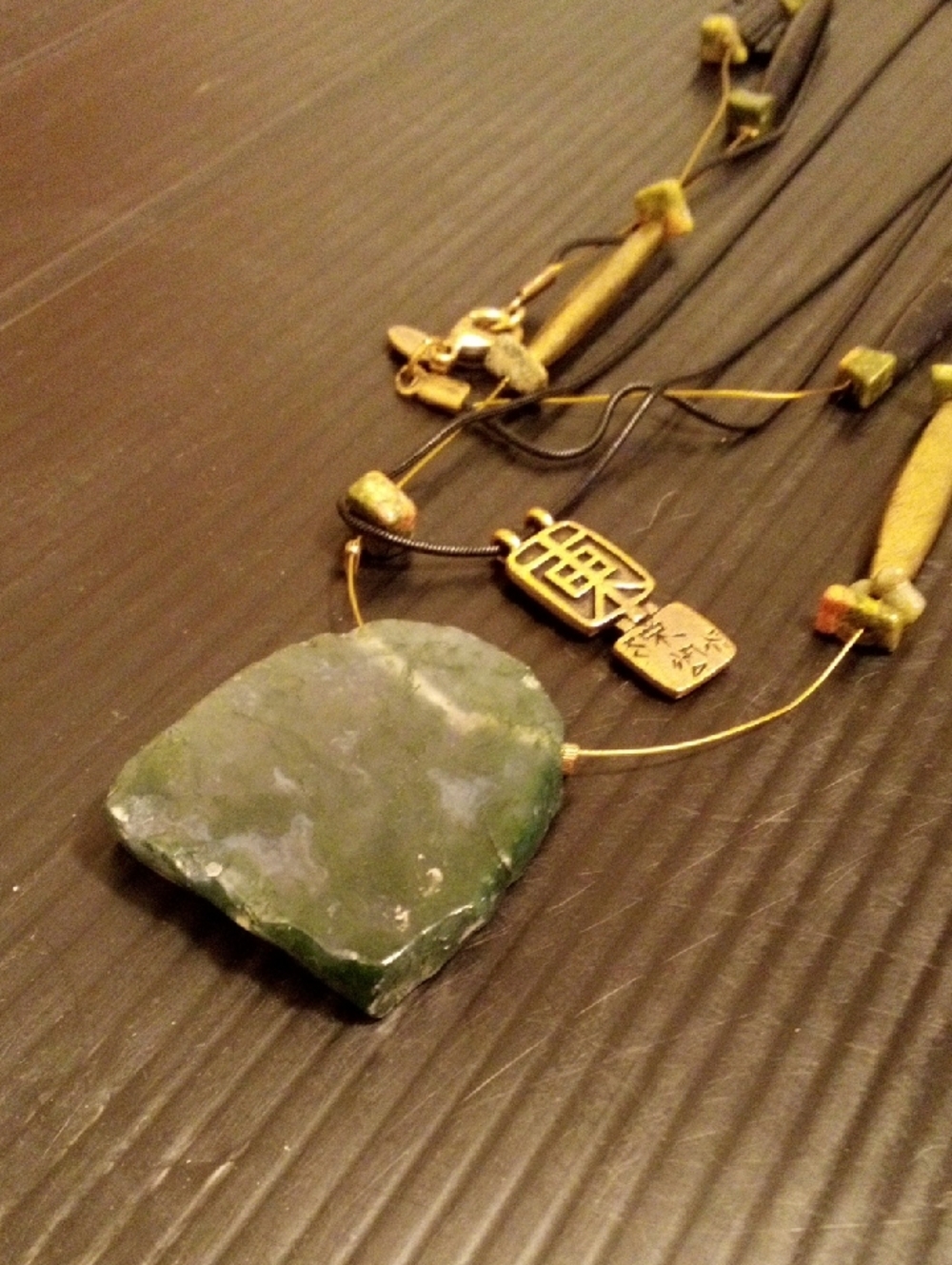 Chico's Green Stone Pendant Necklace with Gold Accents